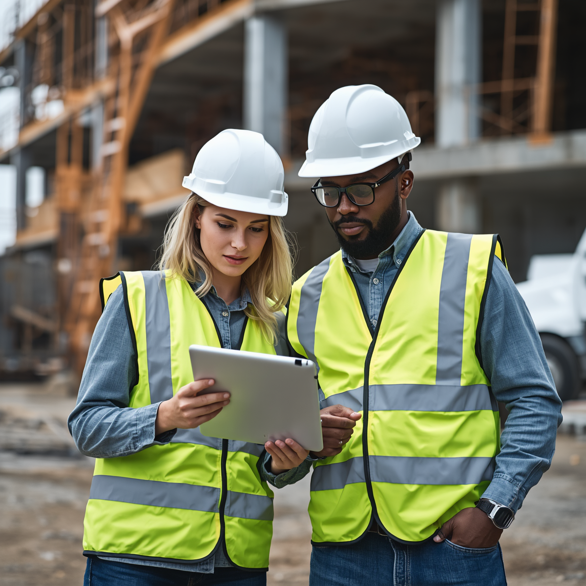 Two site workers in hi-vis vests and hard hats reviewing safety details on a tablet at a construction site.